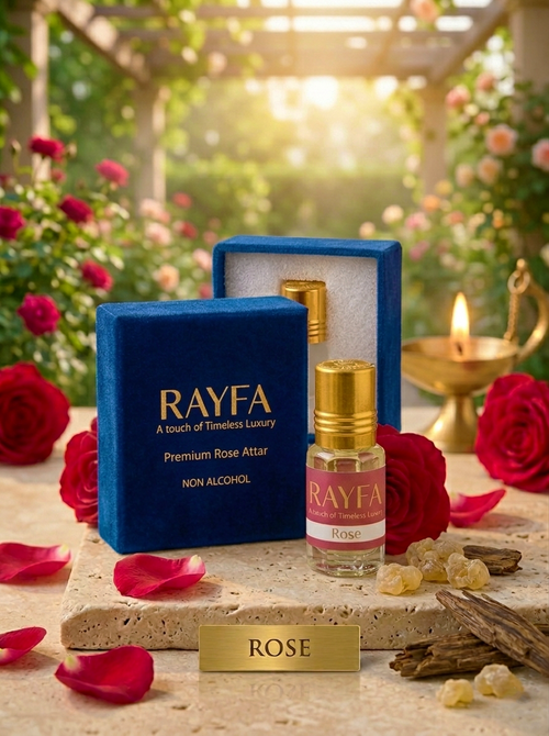 Rose attar glass vial with gold cap beside blue RAYFA gift box