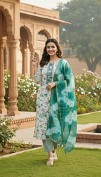 Sufiana Green Floral Cotton Printed Kurti Set for Women - Sufiana