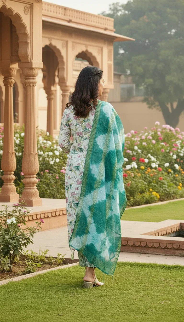 Sufiana Green Floral Cotton Printed Kurti Set for Women - Sufiana