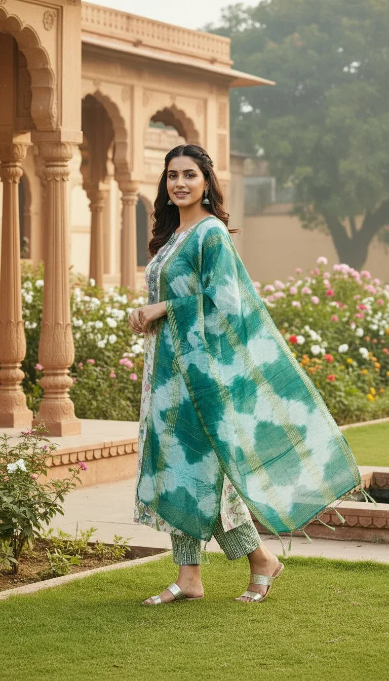 Sufiana Green Floral Cotton Printed Kurti Set for Women - Sufiana