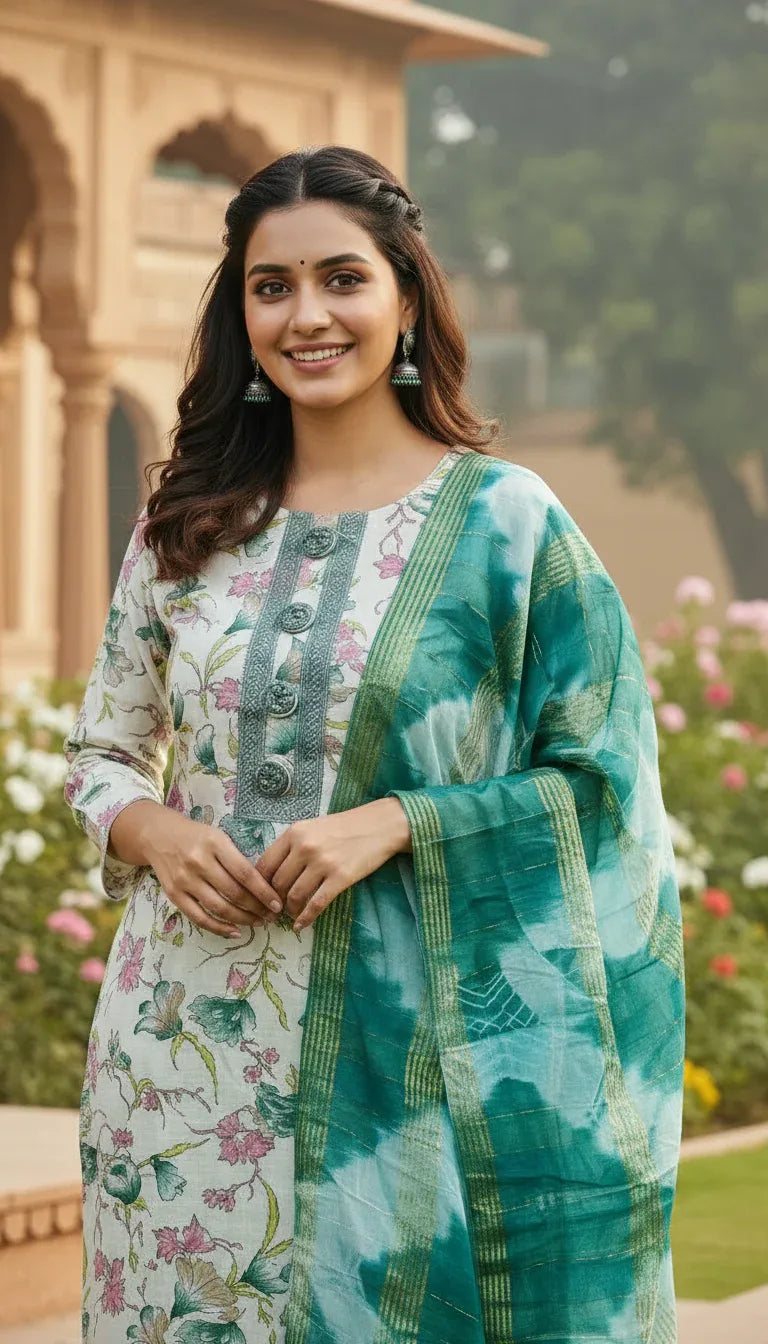 Sufiana Green Floral Cotton Printed Kurti Set for Women - Sufiana