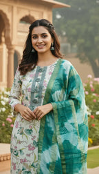 Sufiana Green Floral Cotton Printed Kurti Set for Women - Sufiana