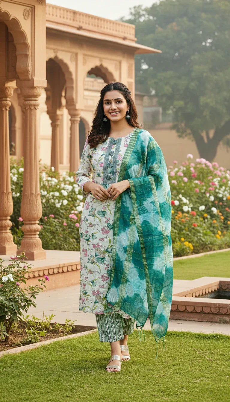 Sufiana Green Floral Cotton Printed Kurti Set for Women - Sufiana