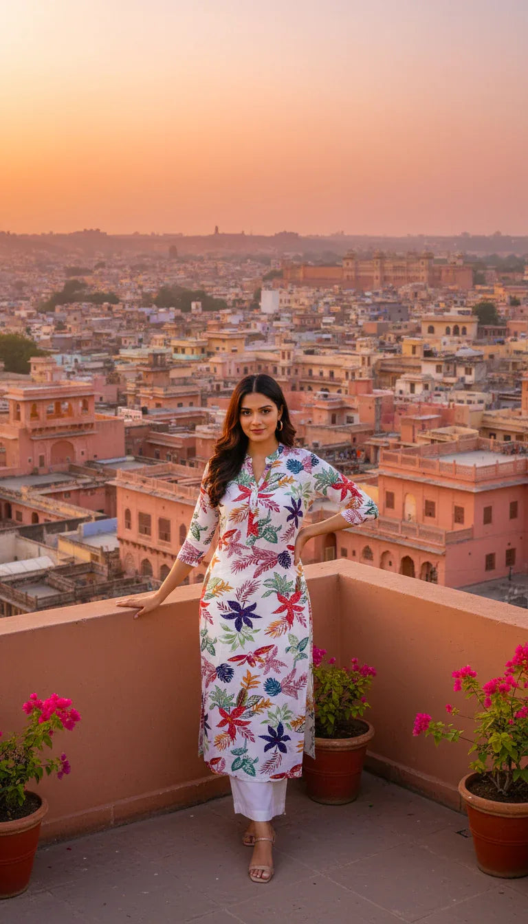 Sufiana Off White Cotton Kurti with Digital Floral Print - Sufiana