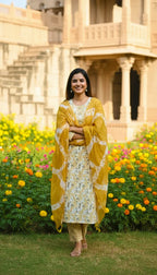 Sufiana Yellow Floral Cotton Printed Kurti Set for Women - Sufiana