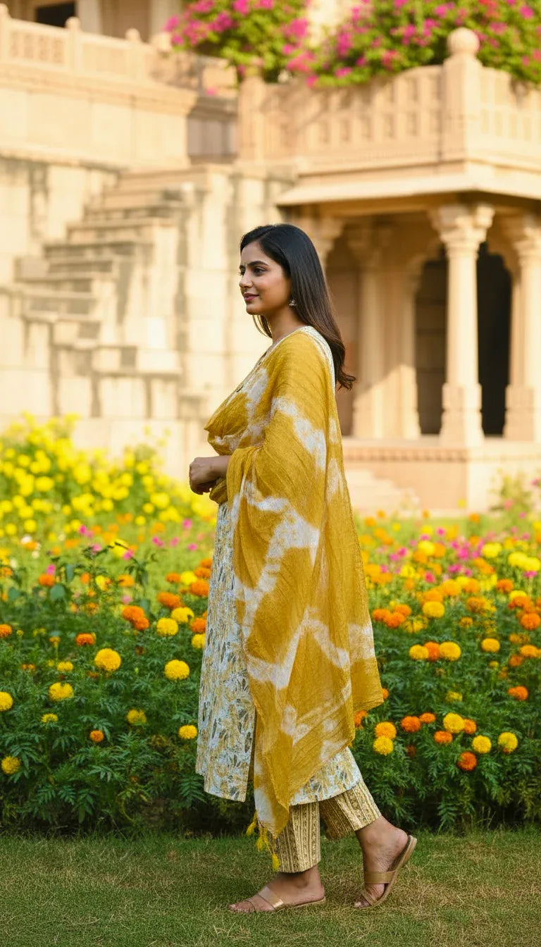 Sufiana Yellow Floral Cotton Printed Kurti Set for Women - Sufiana