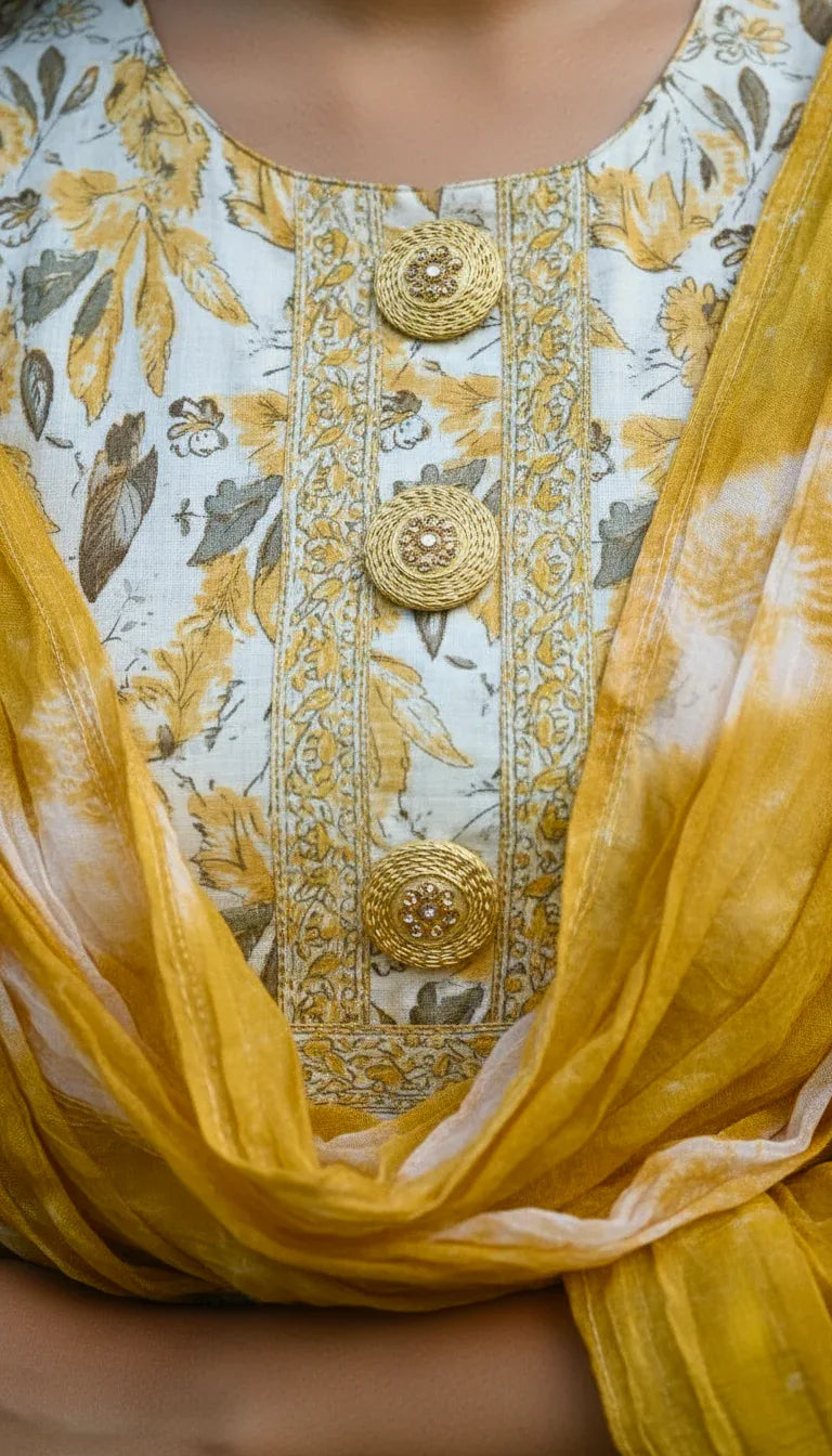 Sufiana Yellow Floral Cotton Printed Kurti Set for Women - Sufiana