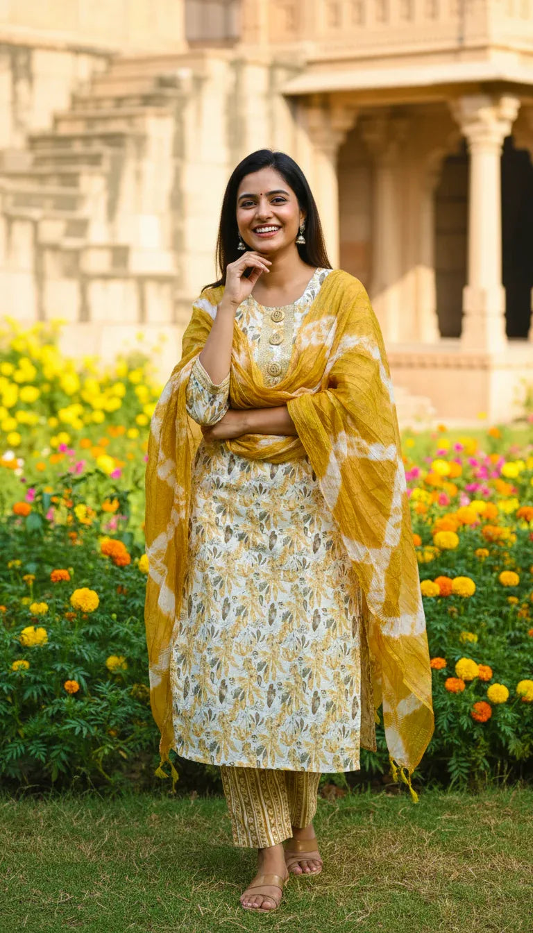 Sufiana Yellow Floral Cotton Printed Kurti Set for Women - Sufiana