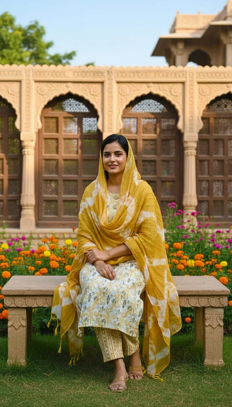 Sufiana Yellow Floral Cotton Printed Kurti Set for Women - Sufiana