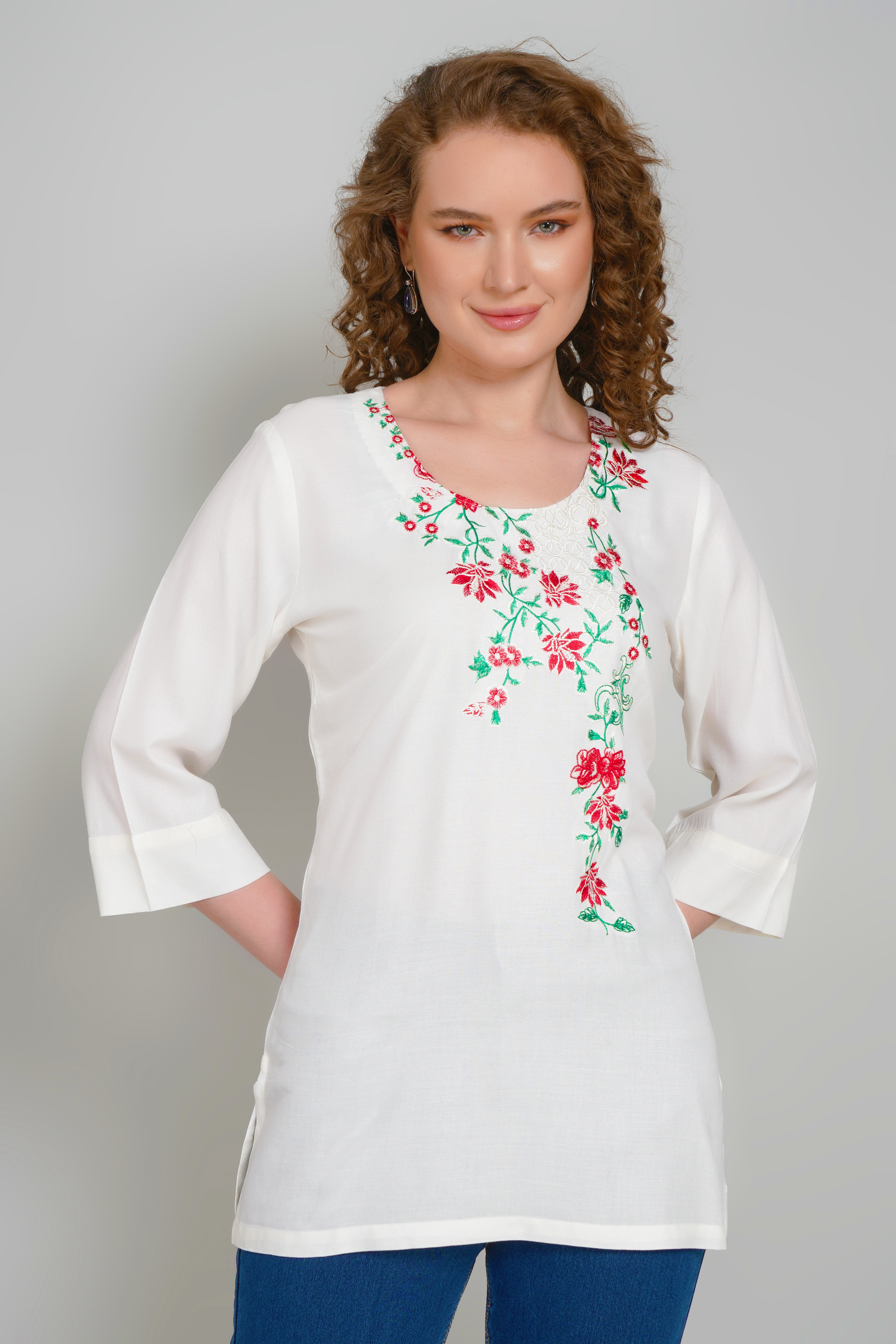 Off-White Embroidered Short Kurti for Women - Sufiana