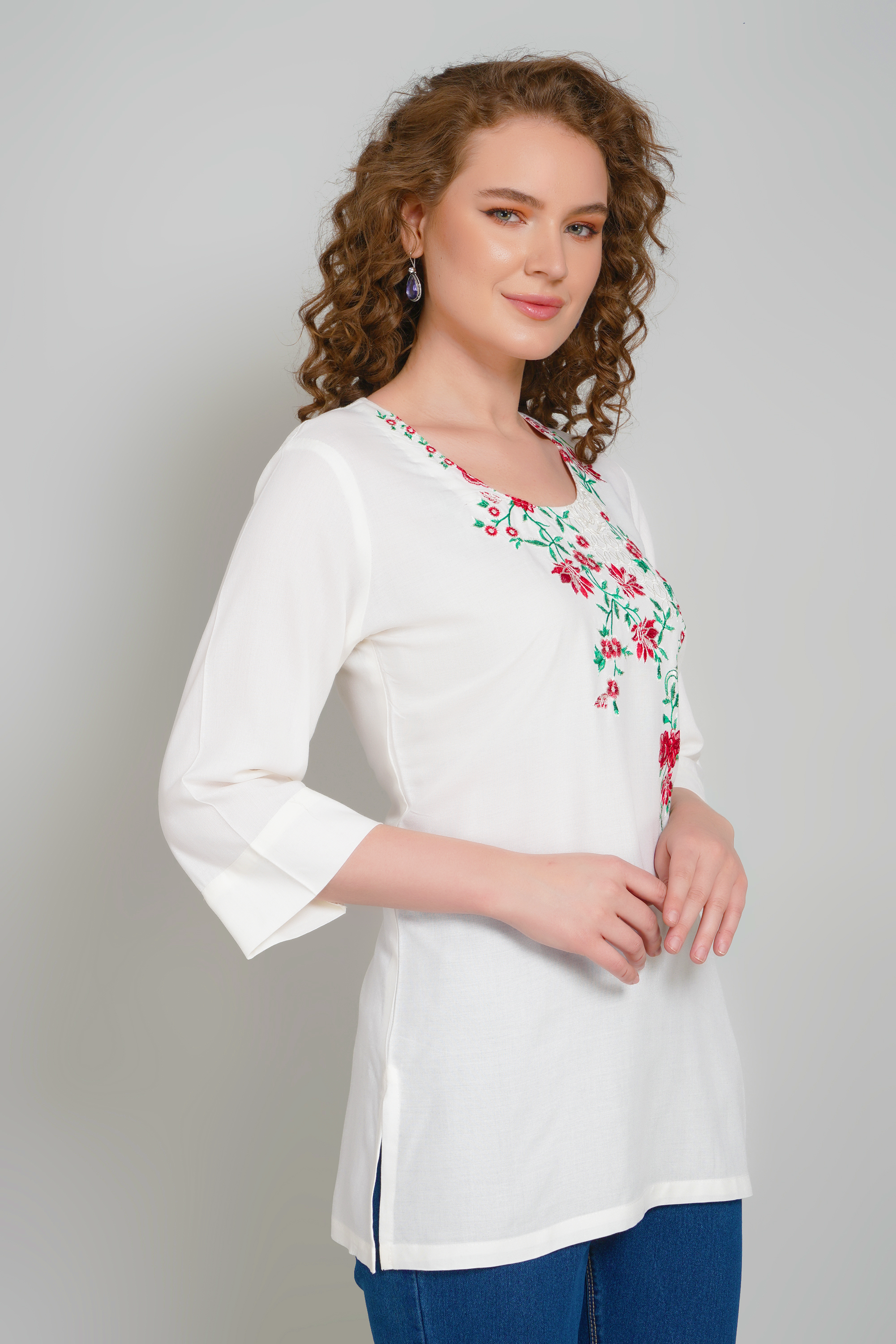 Off-White Embroidered Short Kurti for Women - Sufiana