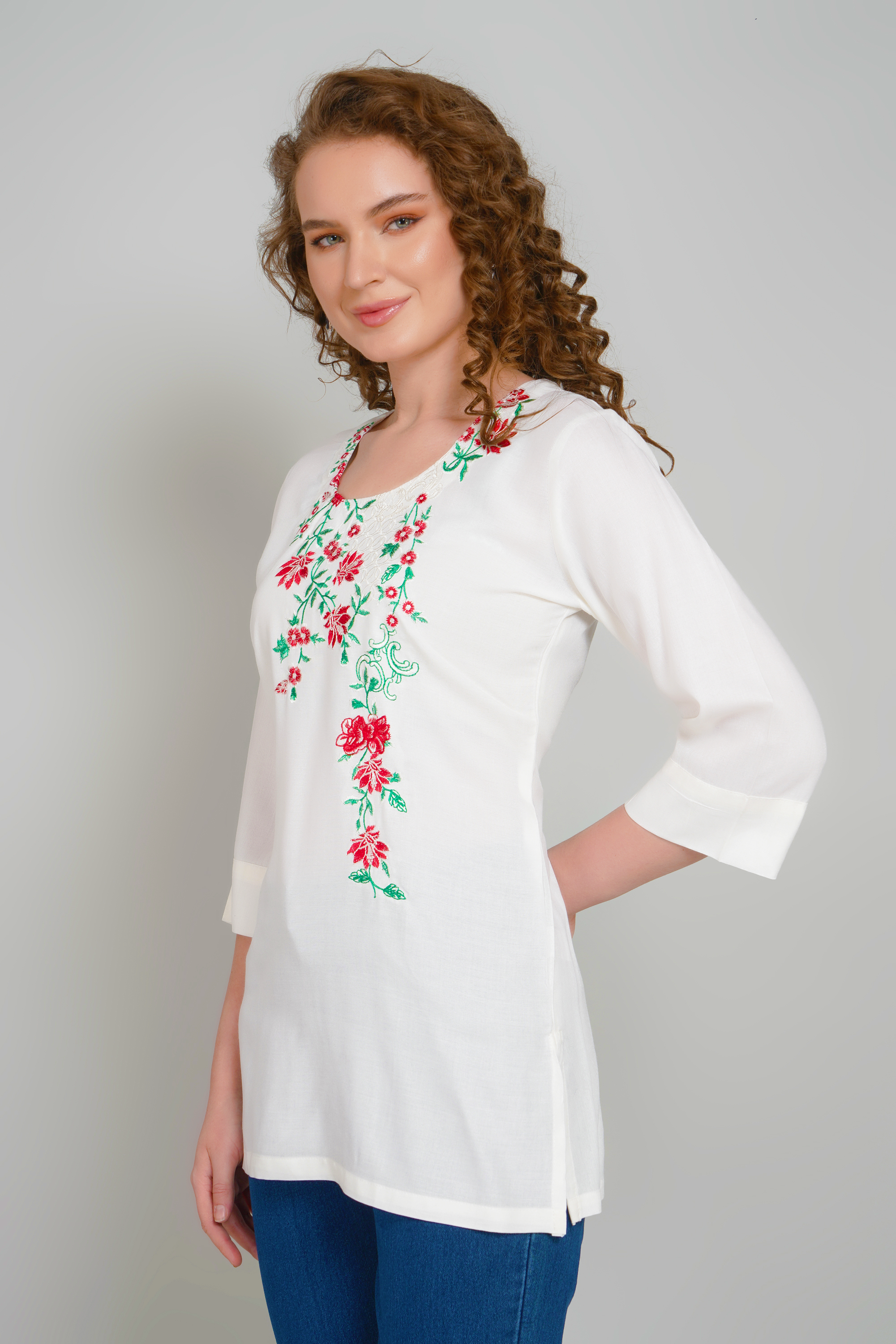 Off-White Embroidered Short Kurti for Women - Sufiana