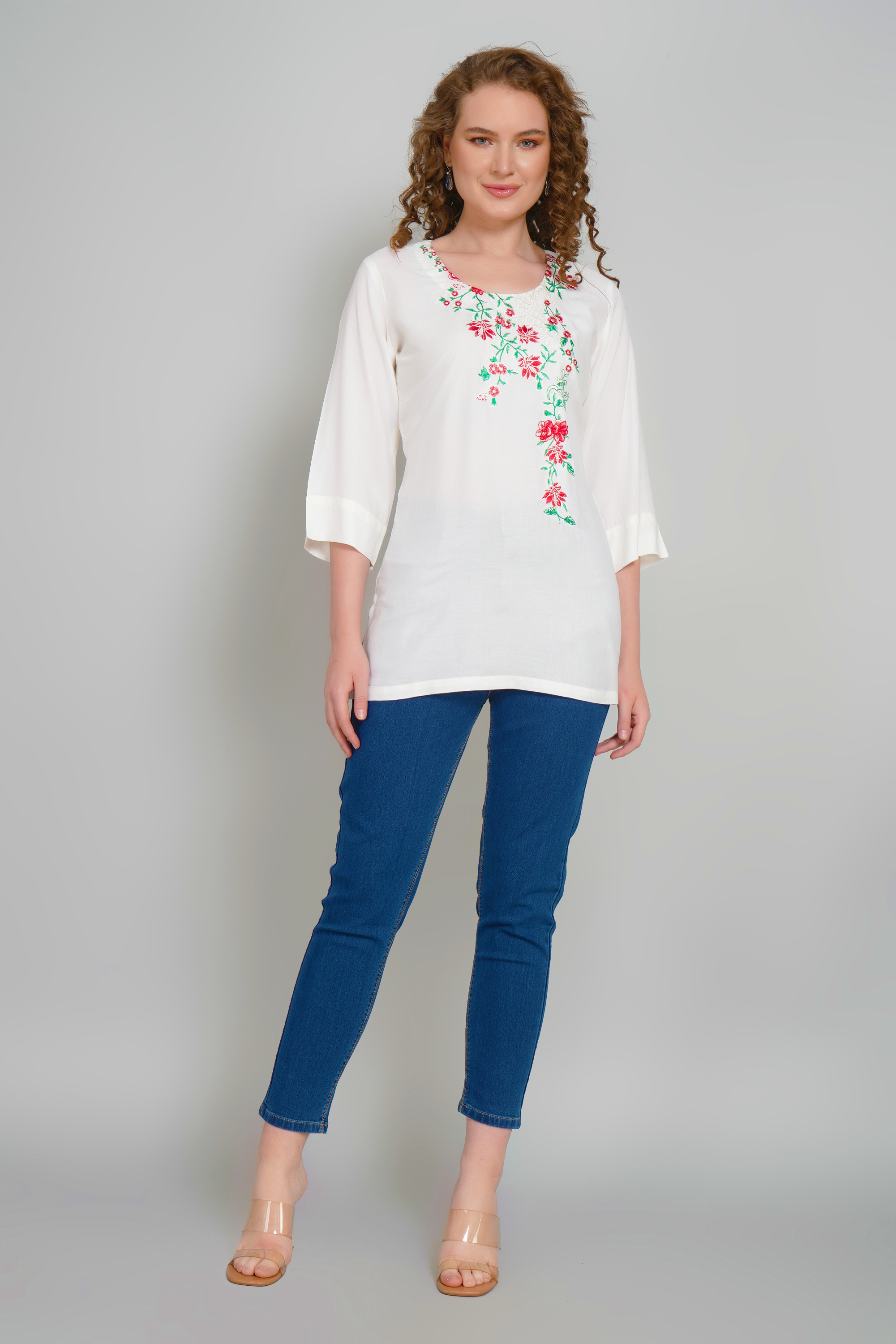 Off-White Embroidered Short Kurti for Women - Sufiana