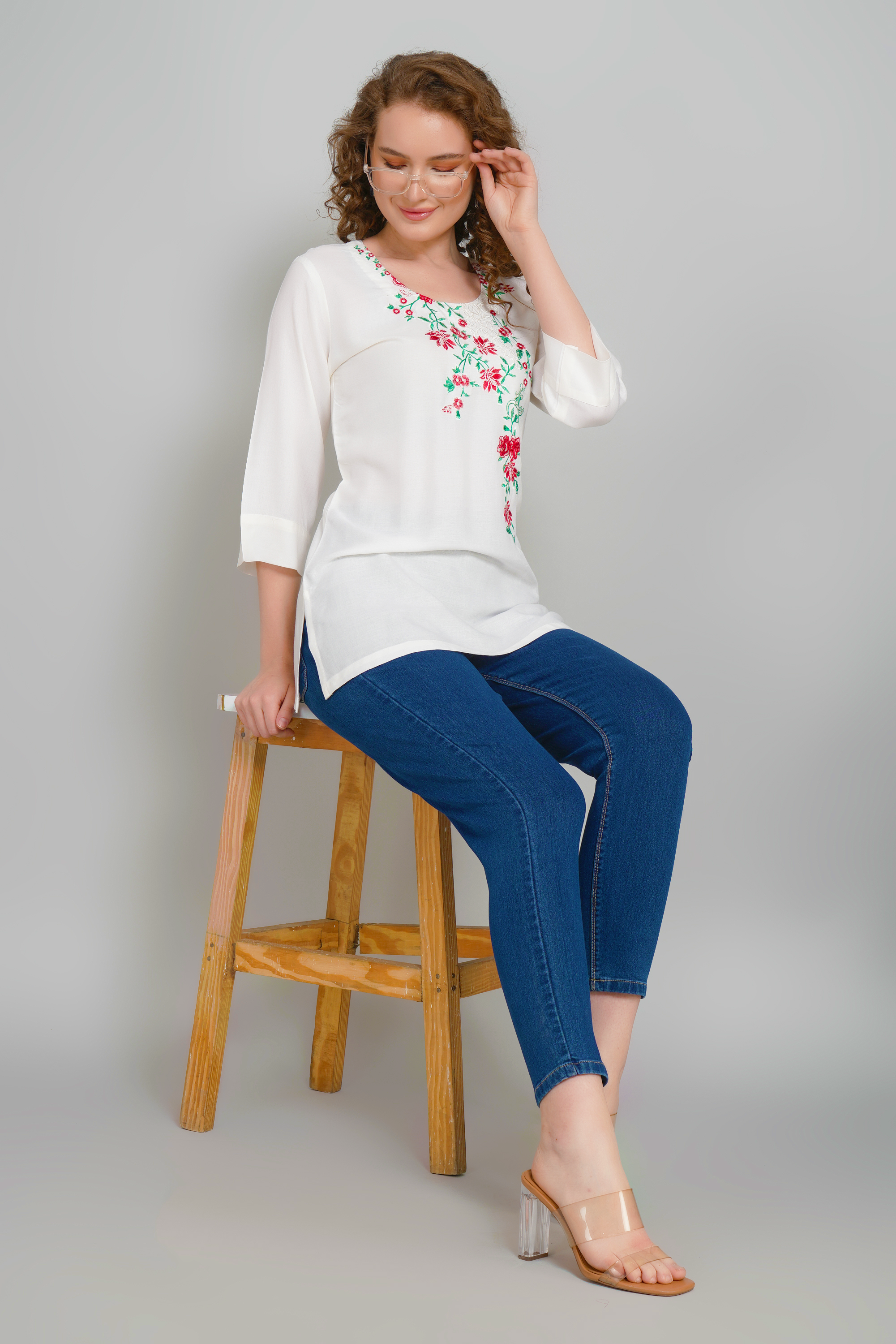 Off-White Embroidered Short Kurti for Women - Sufiana