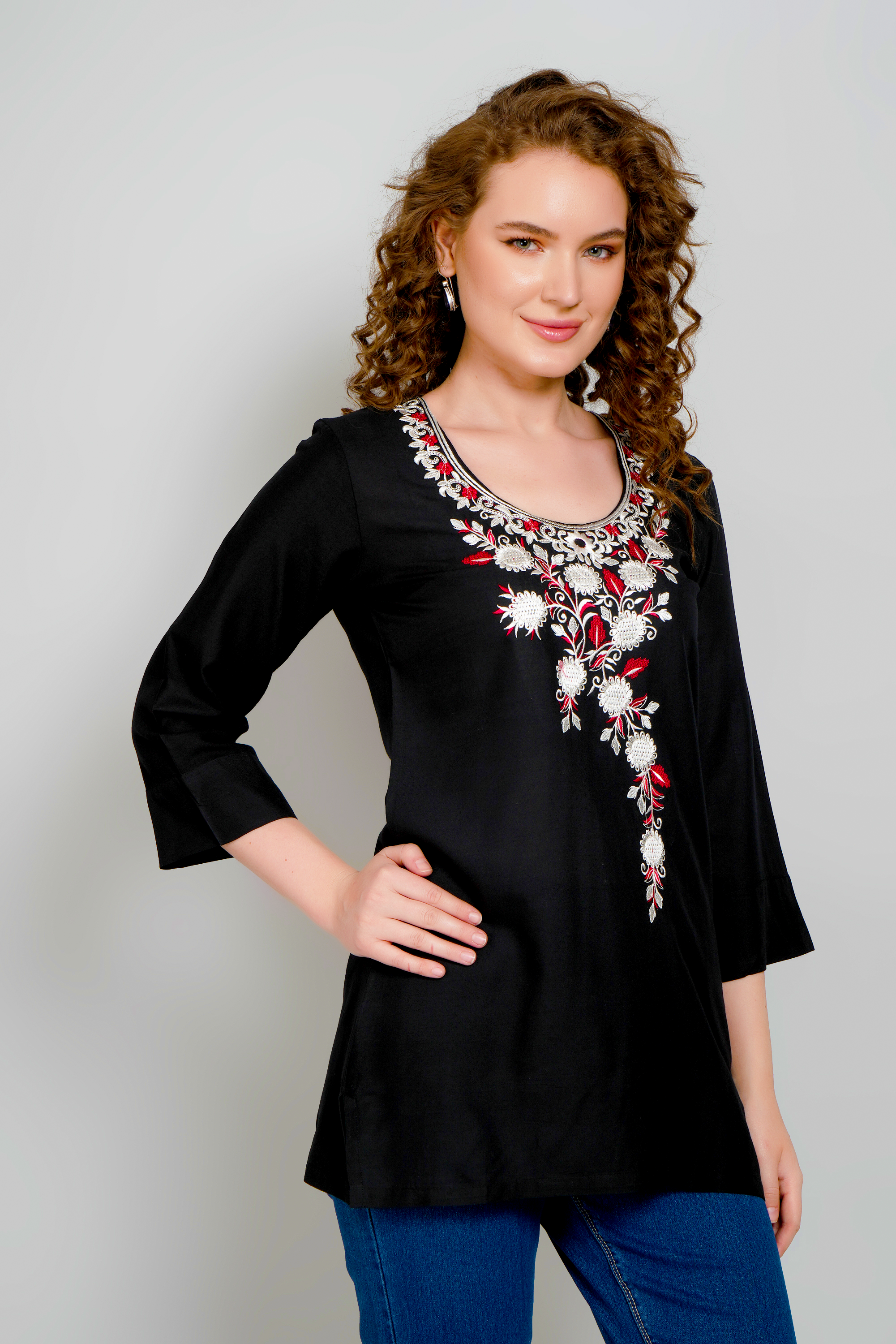 Black Embroidered Short Kurti for Women Stylish Casual & Party Wear - Sufiana