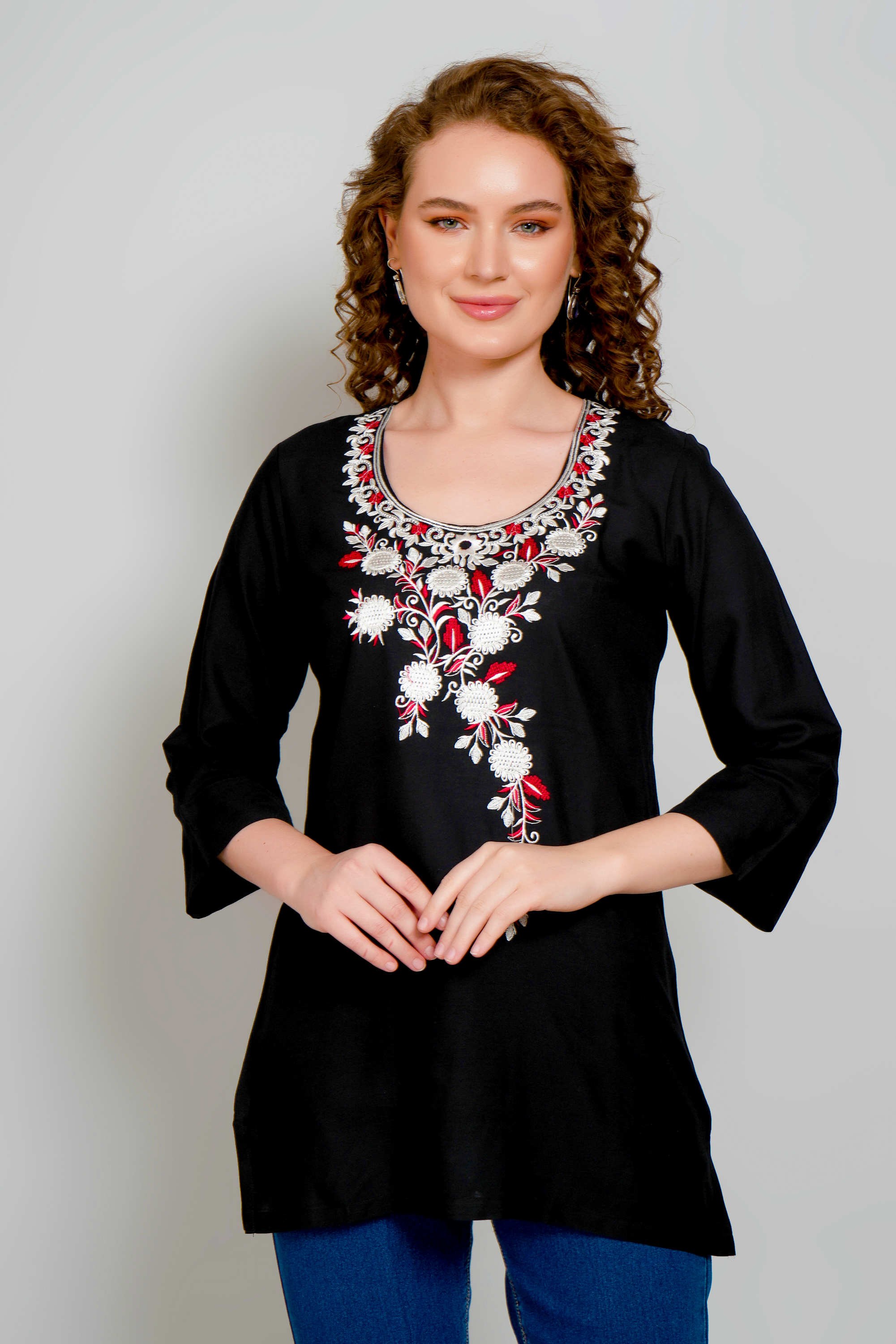 Black Embroidered Short Kurti for Women Stylish Casual & Party Wear - Sufiana
