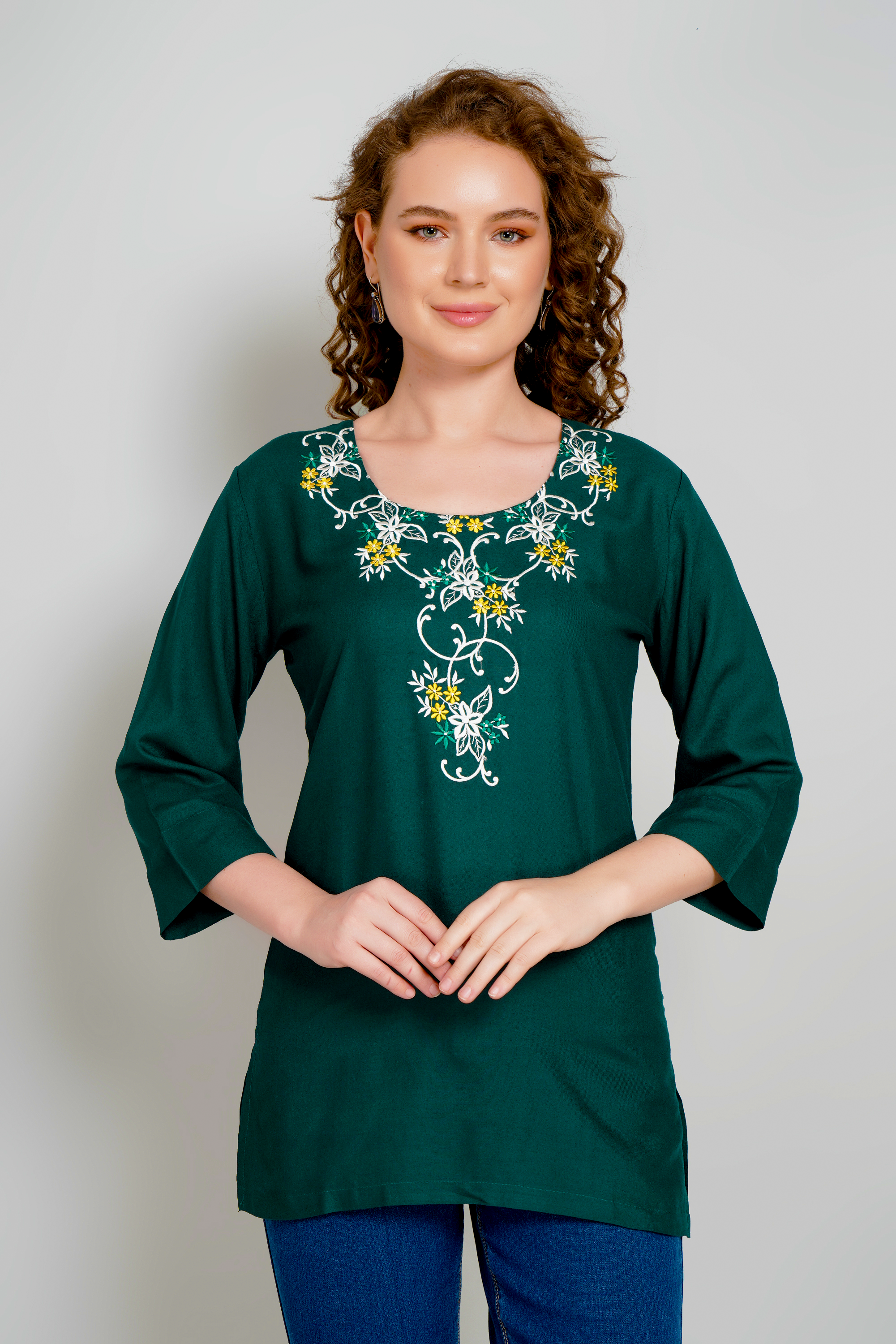 Green Short Kurti Premium Rayon Ethnic Wear for Women - Sufiana
