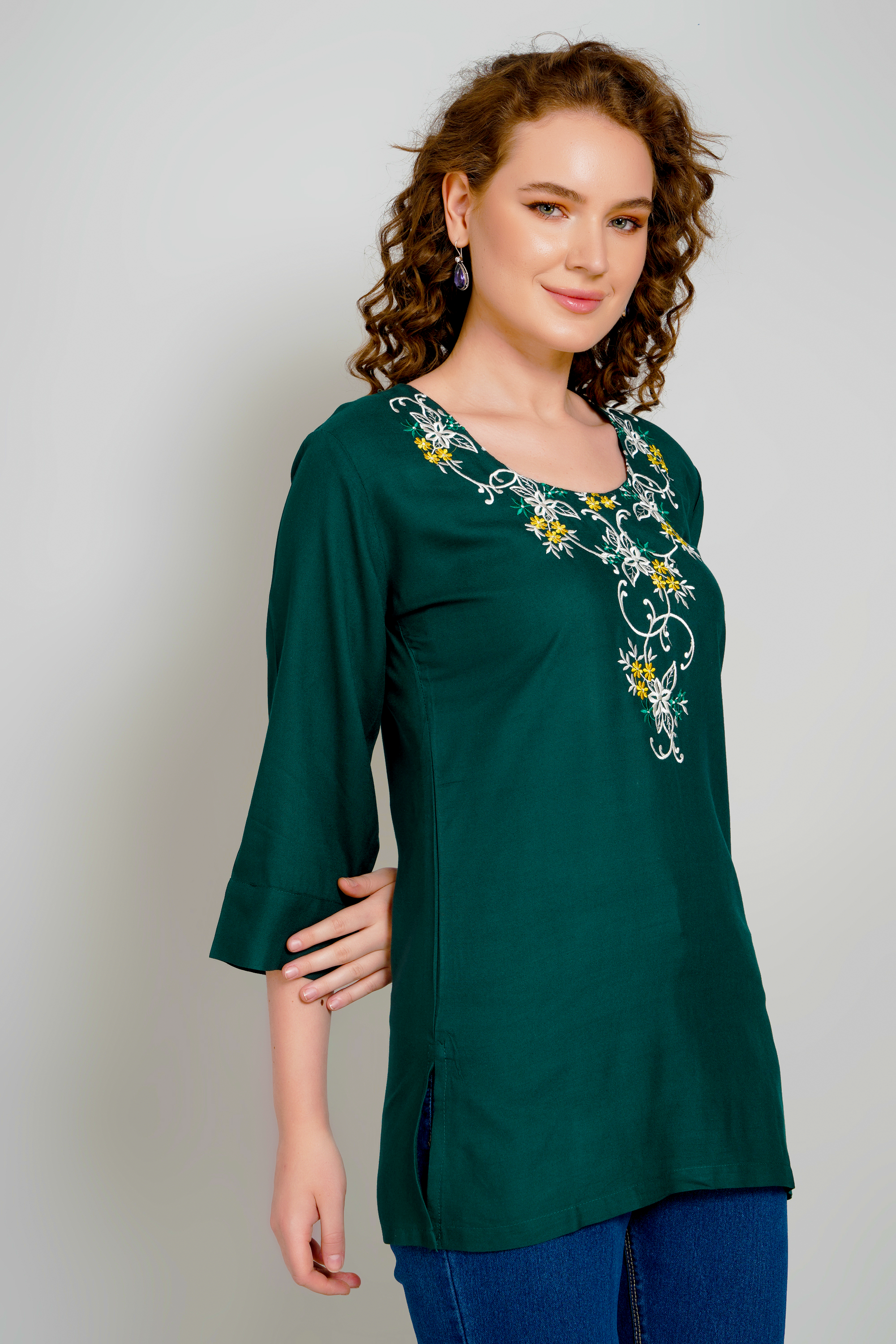Green Short Kurti Premium Rayon Ethnic Wear for Women - Sufiana