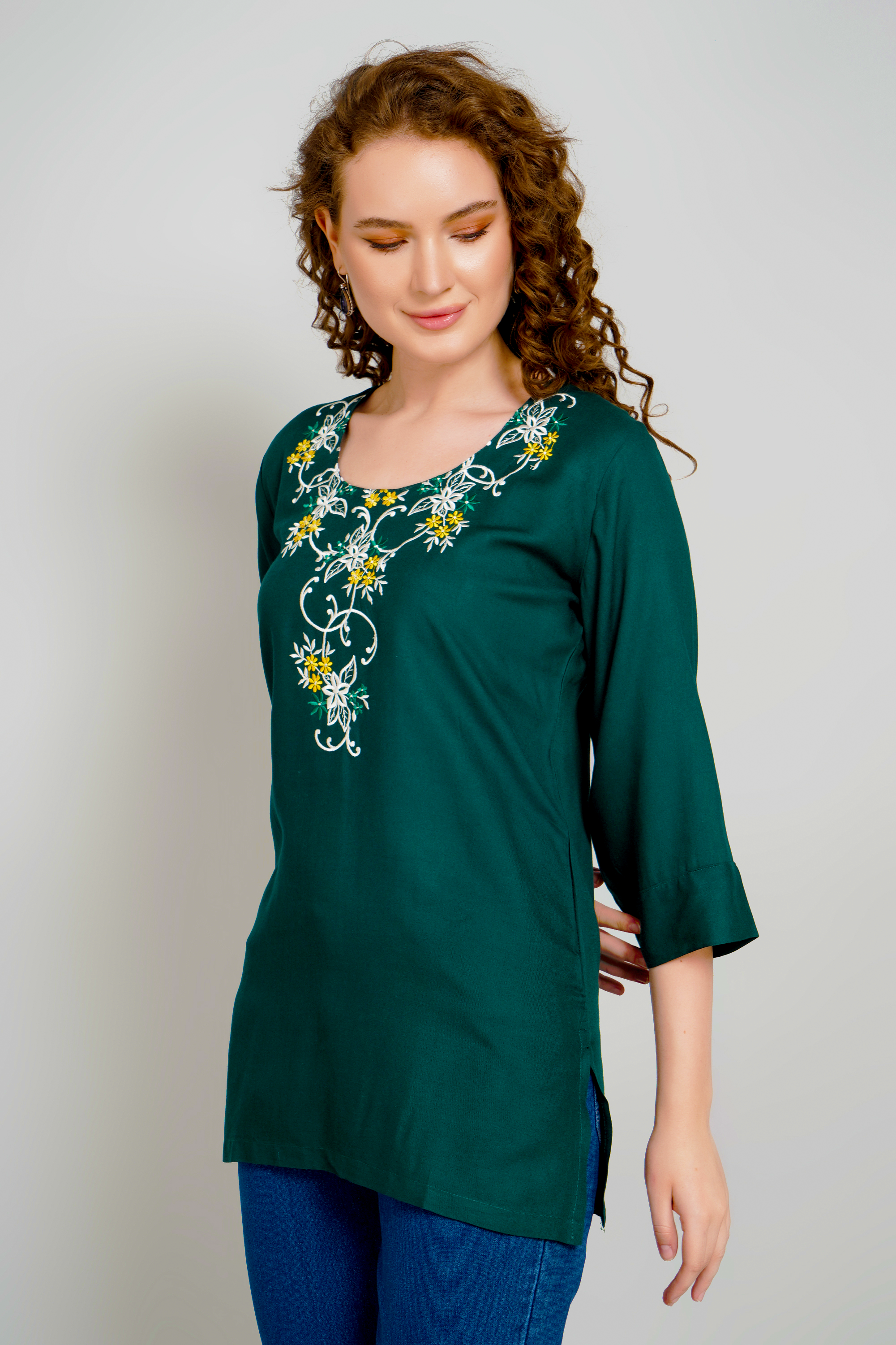 Green Short Kurti Premium Rayon Ethnic Wear for Women - Sufiana