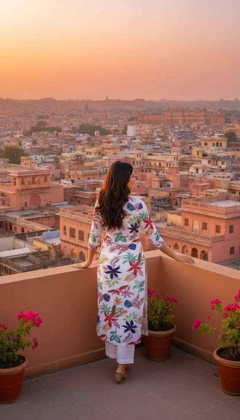 Sufiana Off White Cotton Kurti with Digital Floral Print - Sufiana