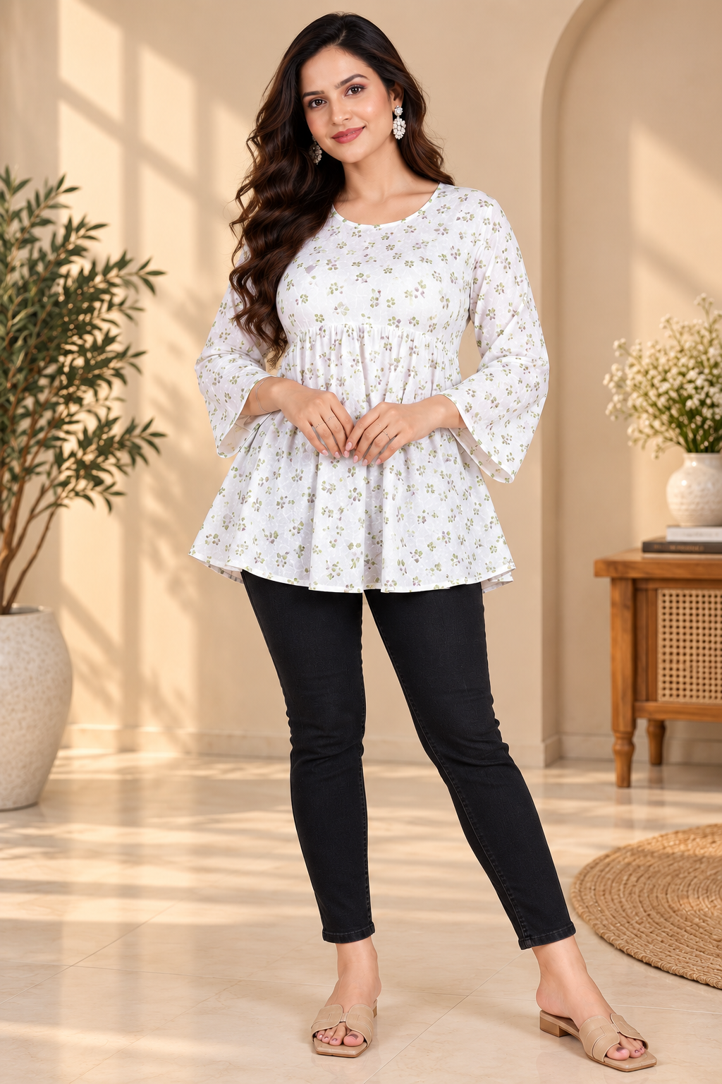 White floral short kurti with long flared sleeves and gathered waist detail