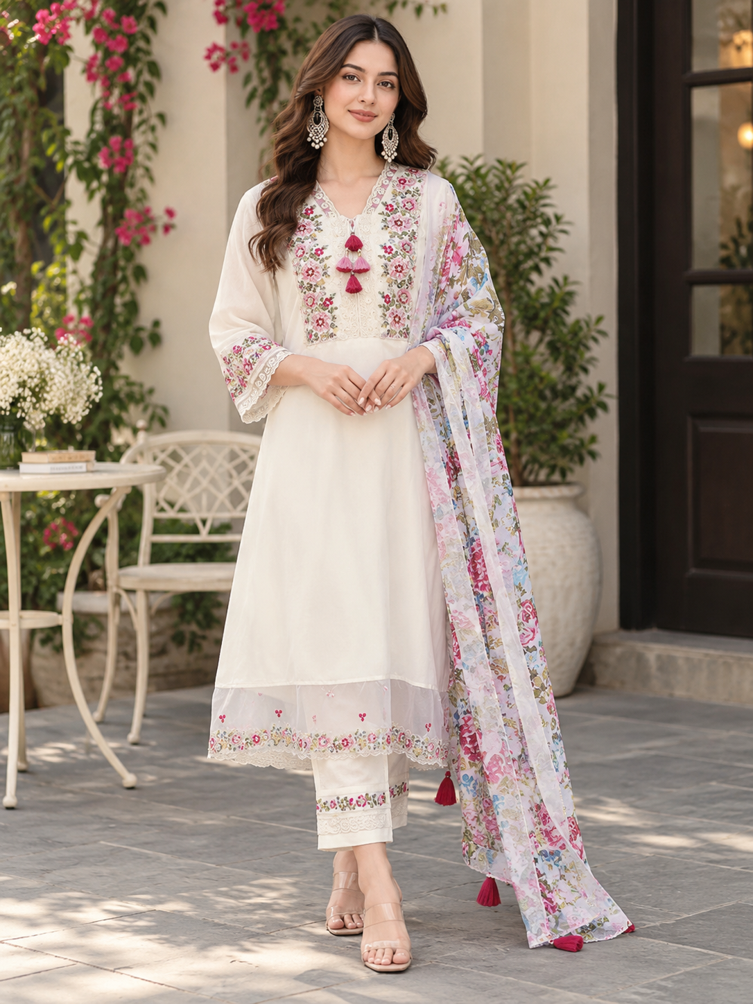 Women’s Embroidered Floral Kurta Set with Printed Dupatta | Elegant Ethnic Wear Suit Set with Pants | Festive & Casual Indian Outfit