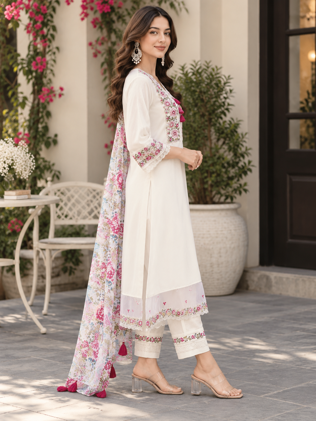 Women’s Embroidered Floral Kurta Set with Printed Dupatta | Elegant Ethnic Wear Suit Set with Pants | Festive & Casual Indian Outfit