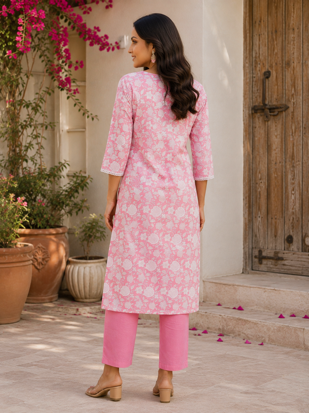 Pink floral printed kurti, round neck and 3/4 sleeves; worn with pink straight pants
