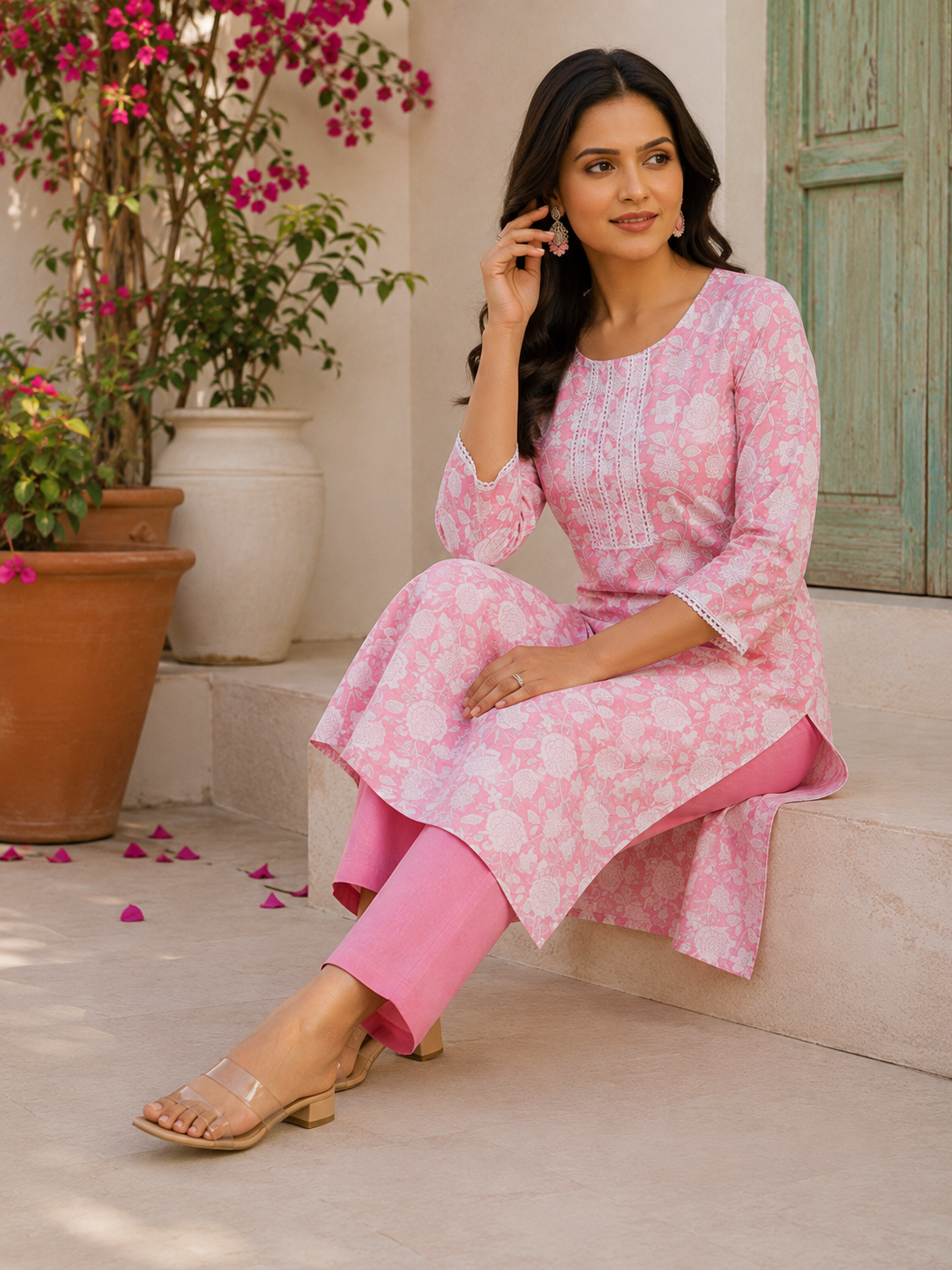 Pink floral printed kurti with round neckline, 3/4 sleeves, and side slit hem