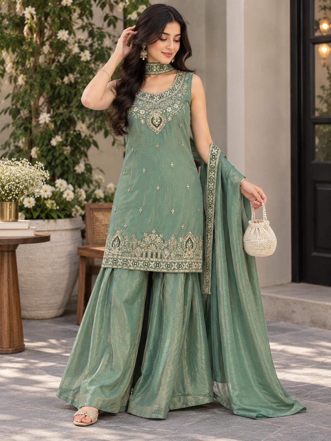 Sufiana Women’s Embroidered Green Kurta Sharara Set with Dupatta | Elegant Ethnic 3-Piece Suit Set | Festive & Party Wear Indian Outfit