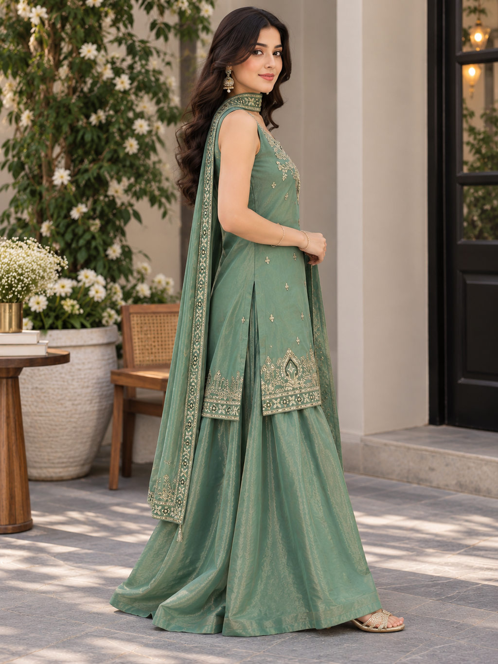 Sufiana Women’s Embroidered Green Kurta Sharara Set with Dupatta | Elegant Ethnic 3-Piece Suit Set | Festive & Party Wear Indian Outfit