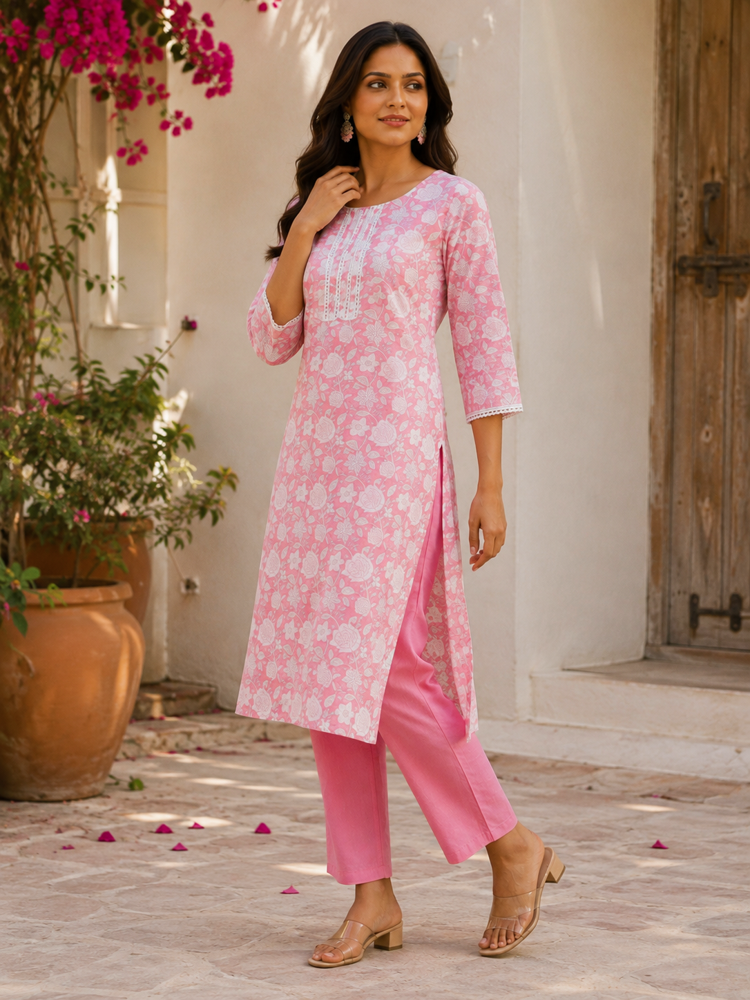 Pink floral printed kurti with three-quarter sleeves and pink pants; front view