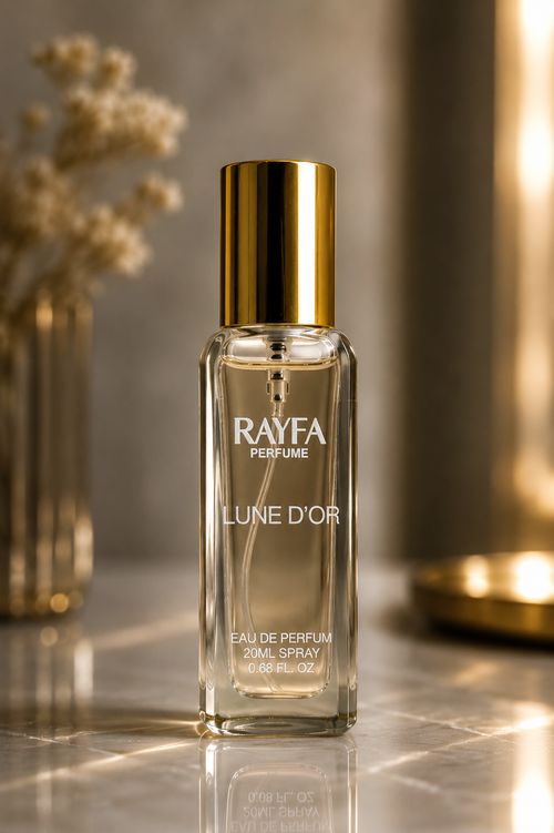 RAYFA Lune D’or eau de parfum spray bottle, gold cap, 20 mL glass bottle