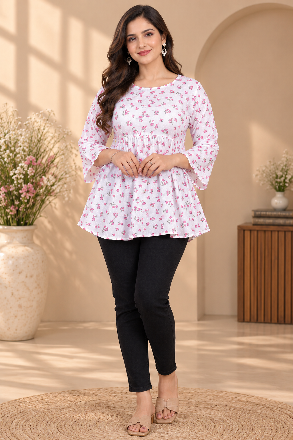 White floral printed short kurti with pink accents, gathered waist and flared sleeves