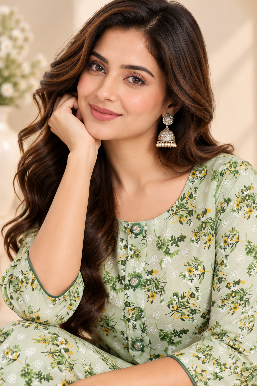 Light green floral kurti with round neckline and button front detail