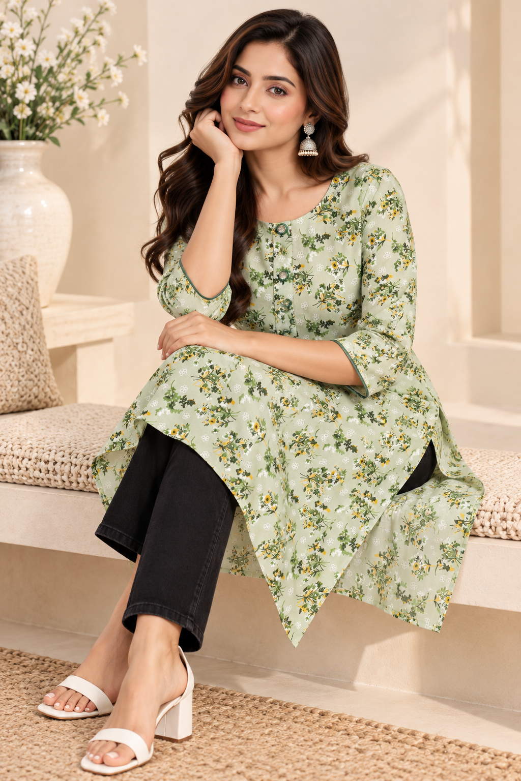 Light green floral 3/4-sleeve kurti with round neck and button placket