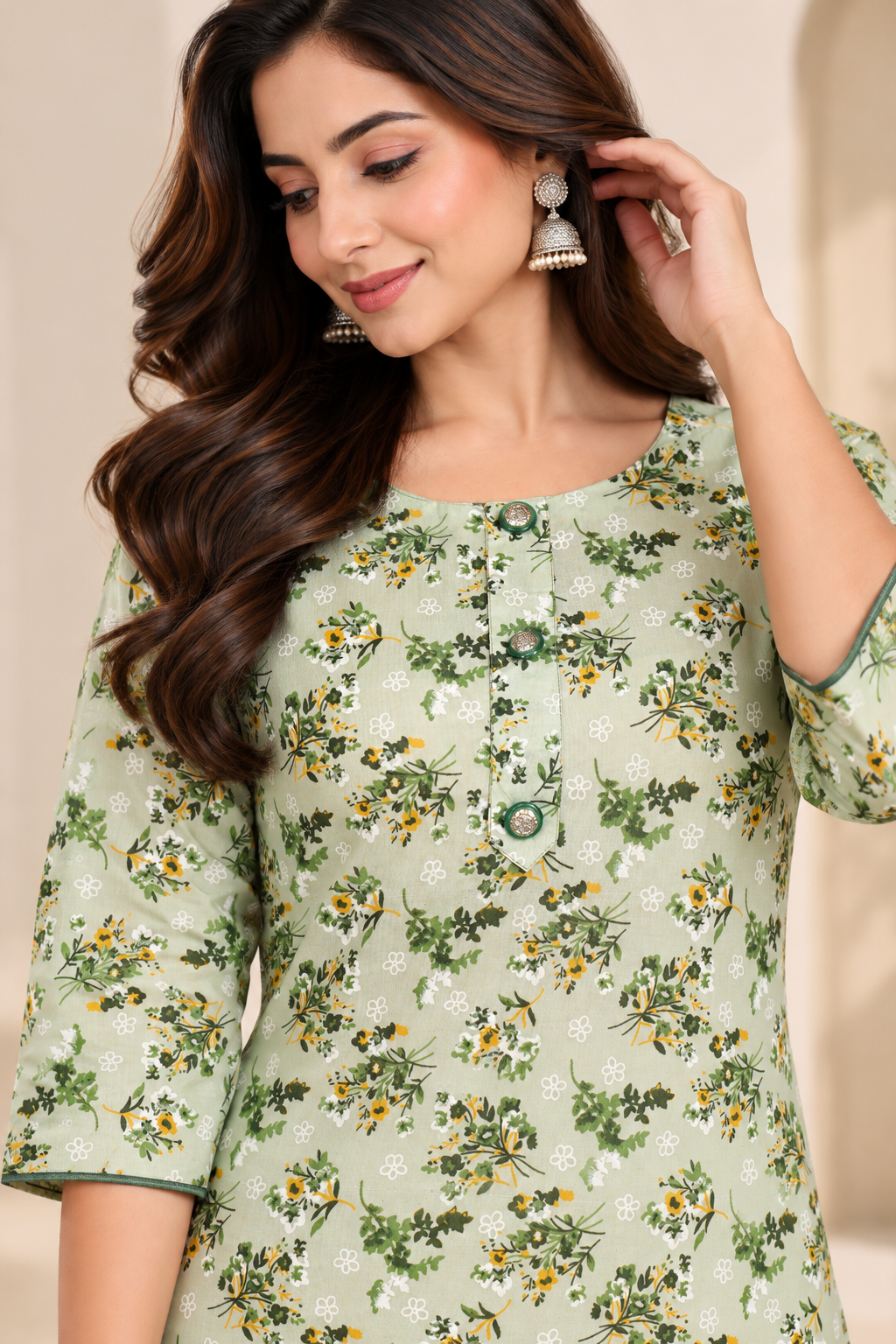 Light green floral kurti front view with round neckline and button detailing