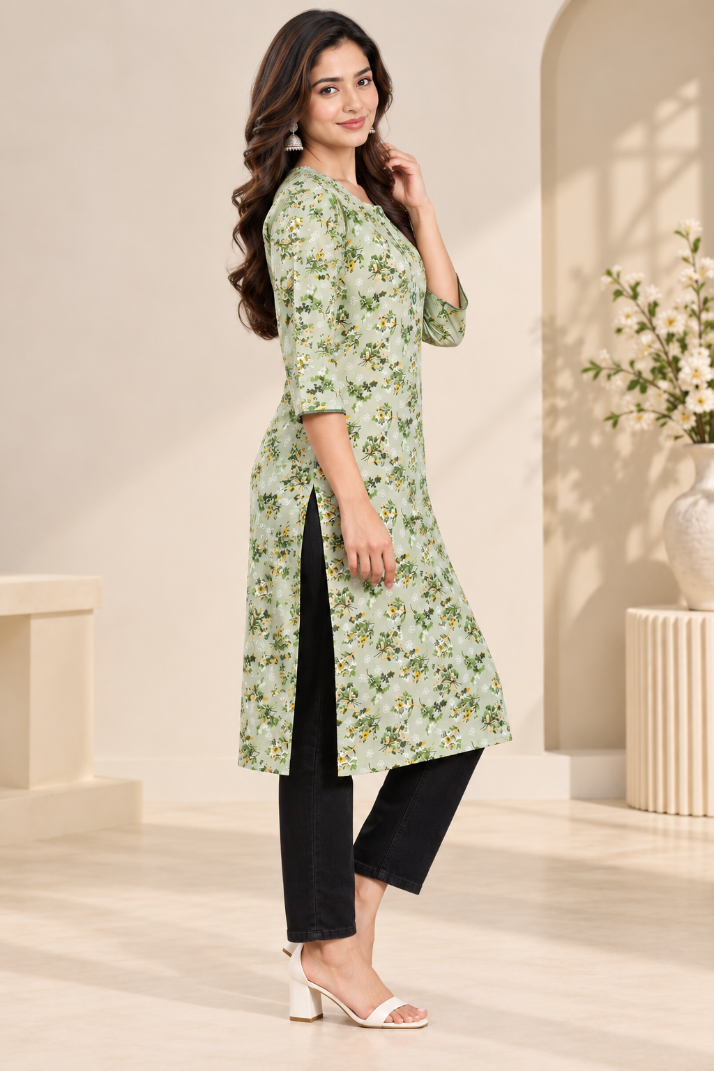 Light green floral straight kurti with 3/4 sleeves and side slit