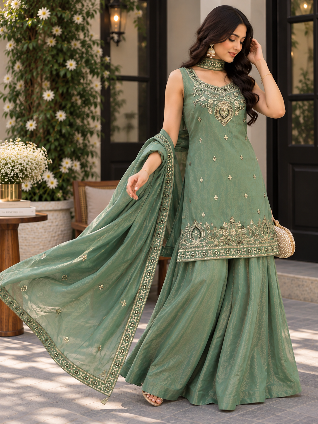 Sufiana Women’s Embroidered Green Kurta Sharara Set with Dupatta | Elegant Ethnic 3-Piece Suit Set | Festive & Party Wear Indian Outfit