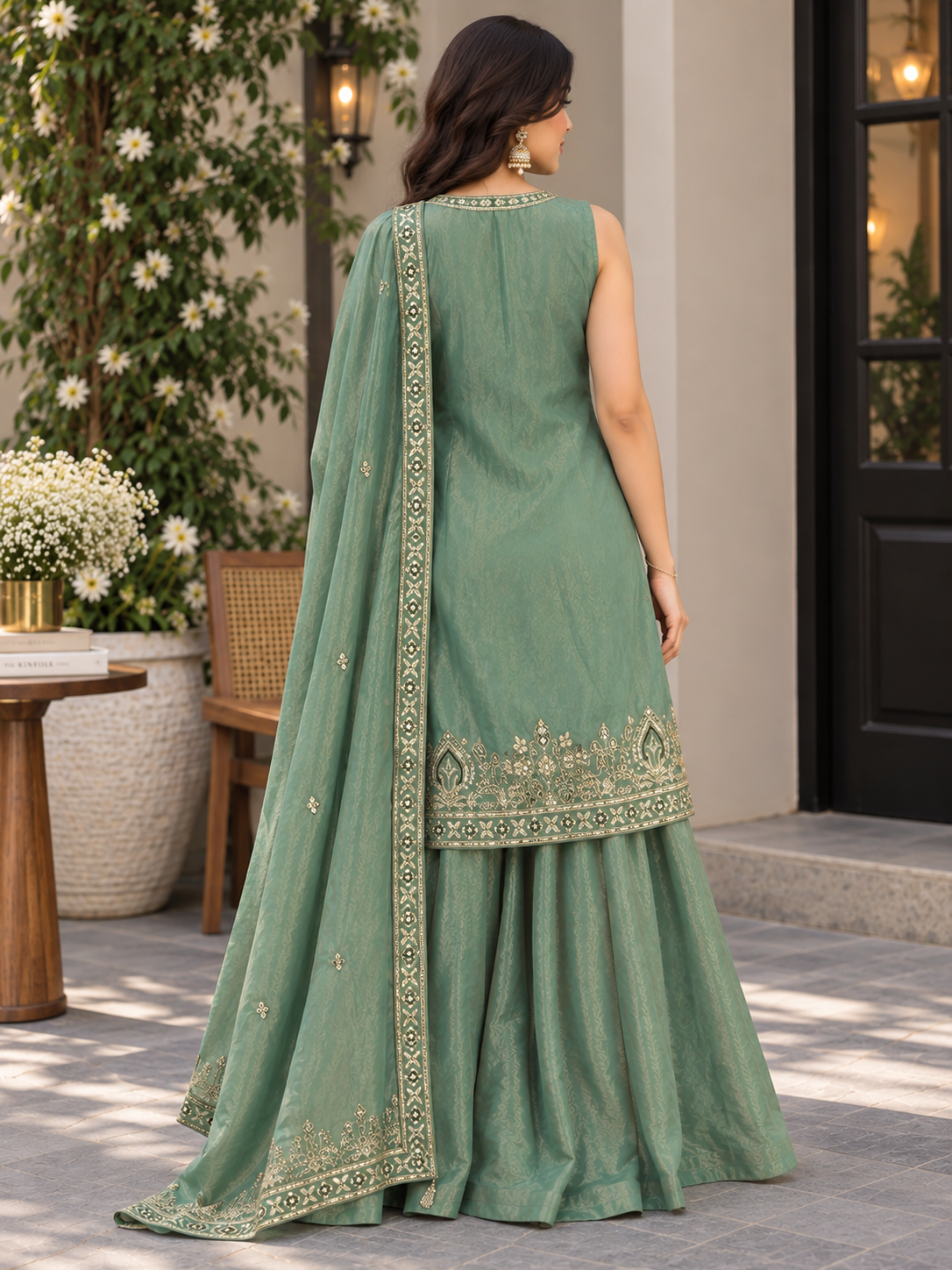 Sufiana Women’s Embroidered Green Kurta Sharara Set with Dupatta | Elegant Ethnic 3-Piece Suit Set | Festive & Party Wear Indian Outfit