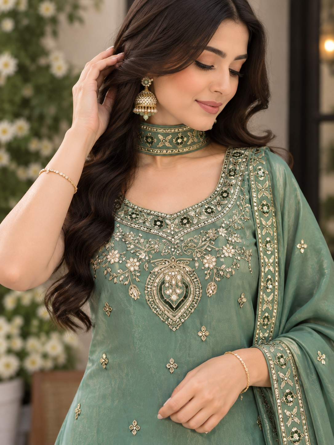 Sufiana Women’s Embroidered Green Kurta Sharara Set with Dupatta | Elegant Ethnic 3-Piece Suit Set | Festive & Party Wear Indian Outfit