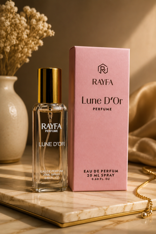 RAYFA Lune D’or perfume bottle with pink retail box, gold cap, 20 mL