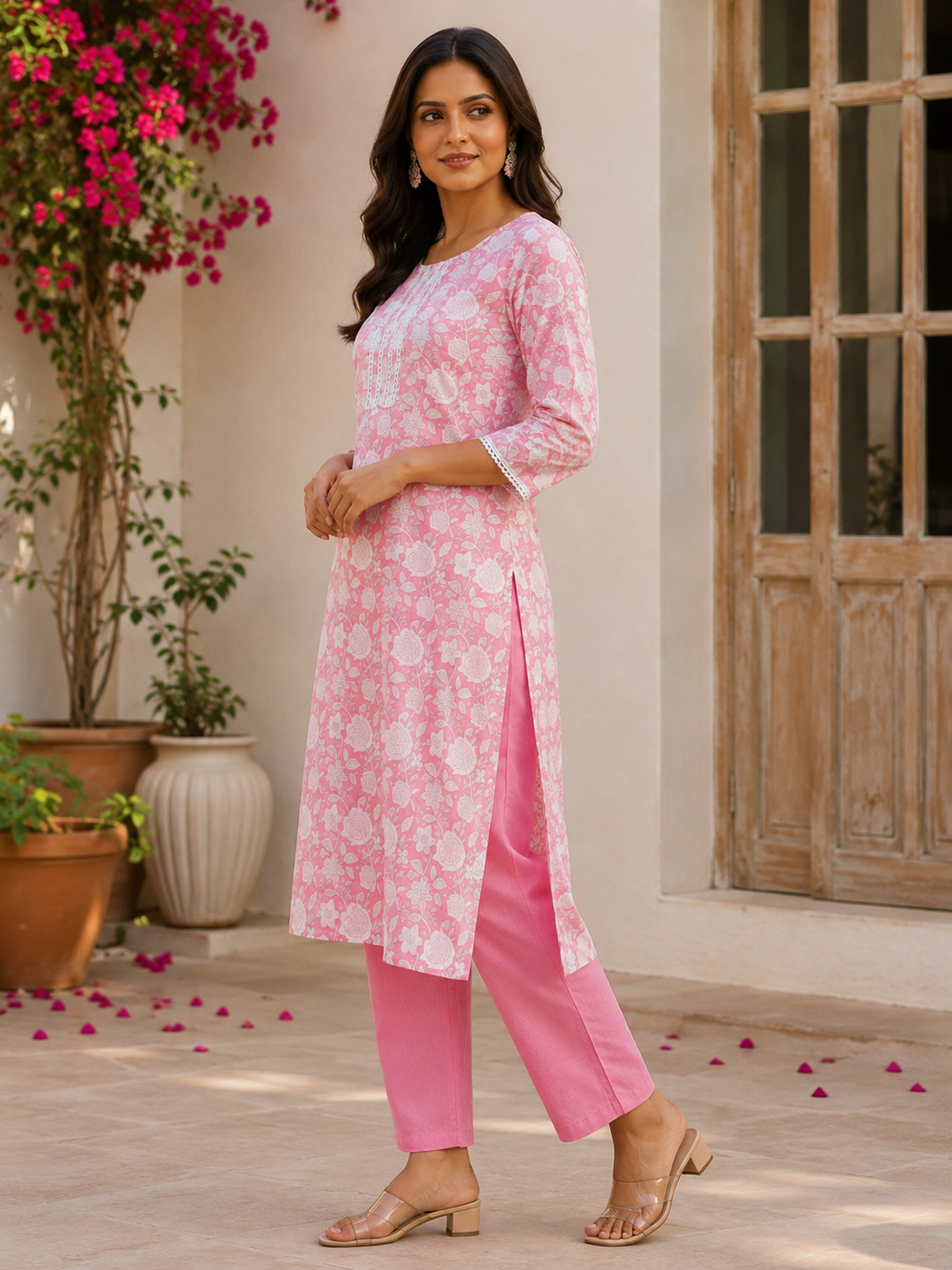 Pink floral printed kurti with round neckline, straight hem and three-quarter sleeves