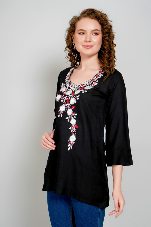 Women's black short kurta with floral embroidered neckline and three-quarter sleeves