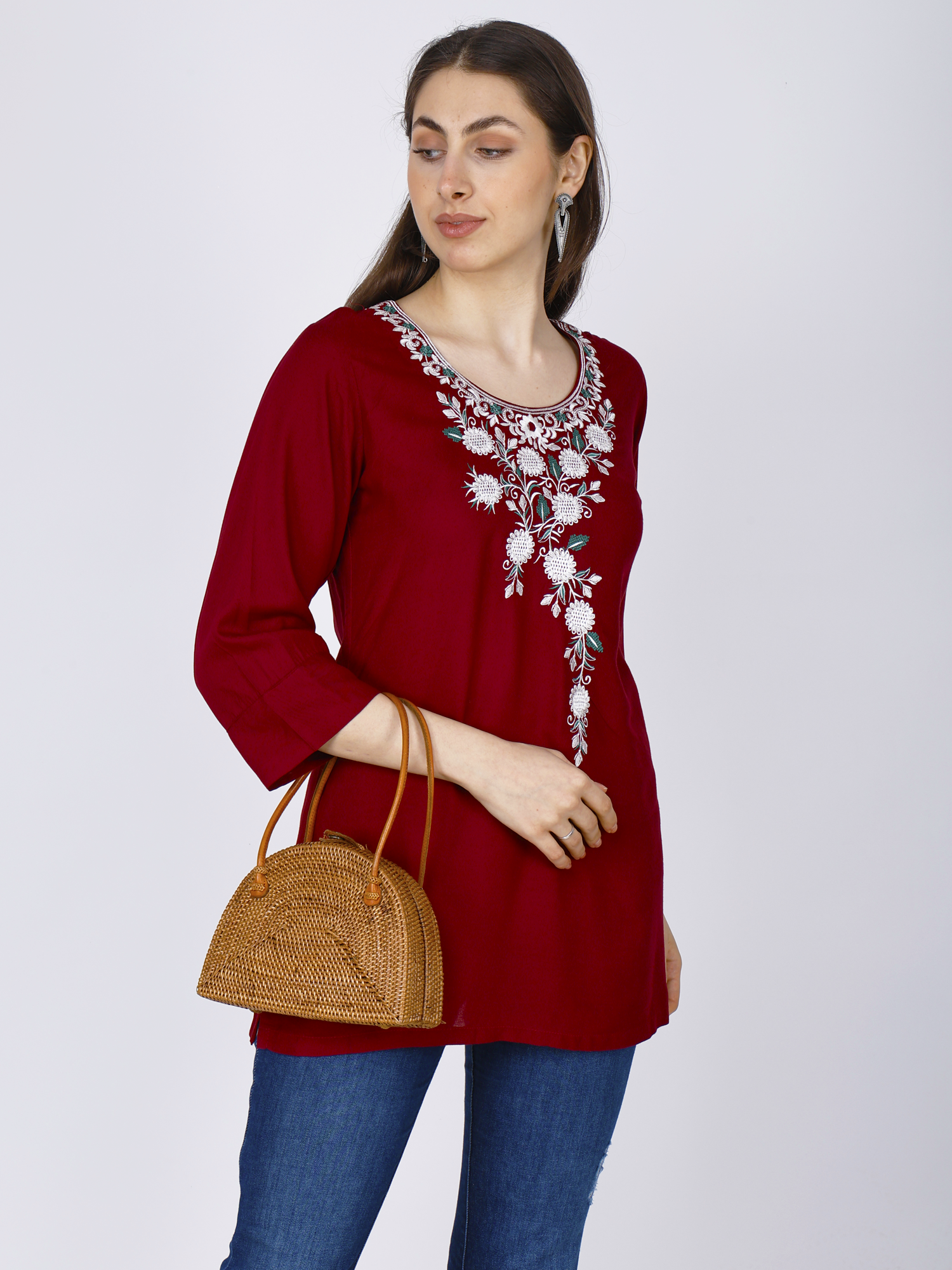 maroon embroidered tunic for women